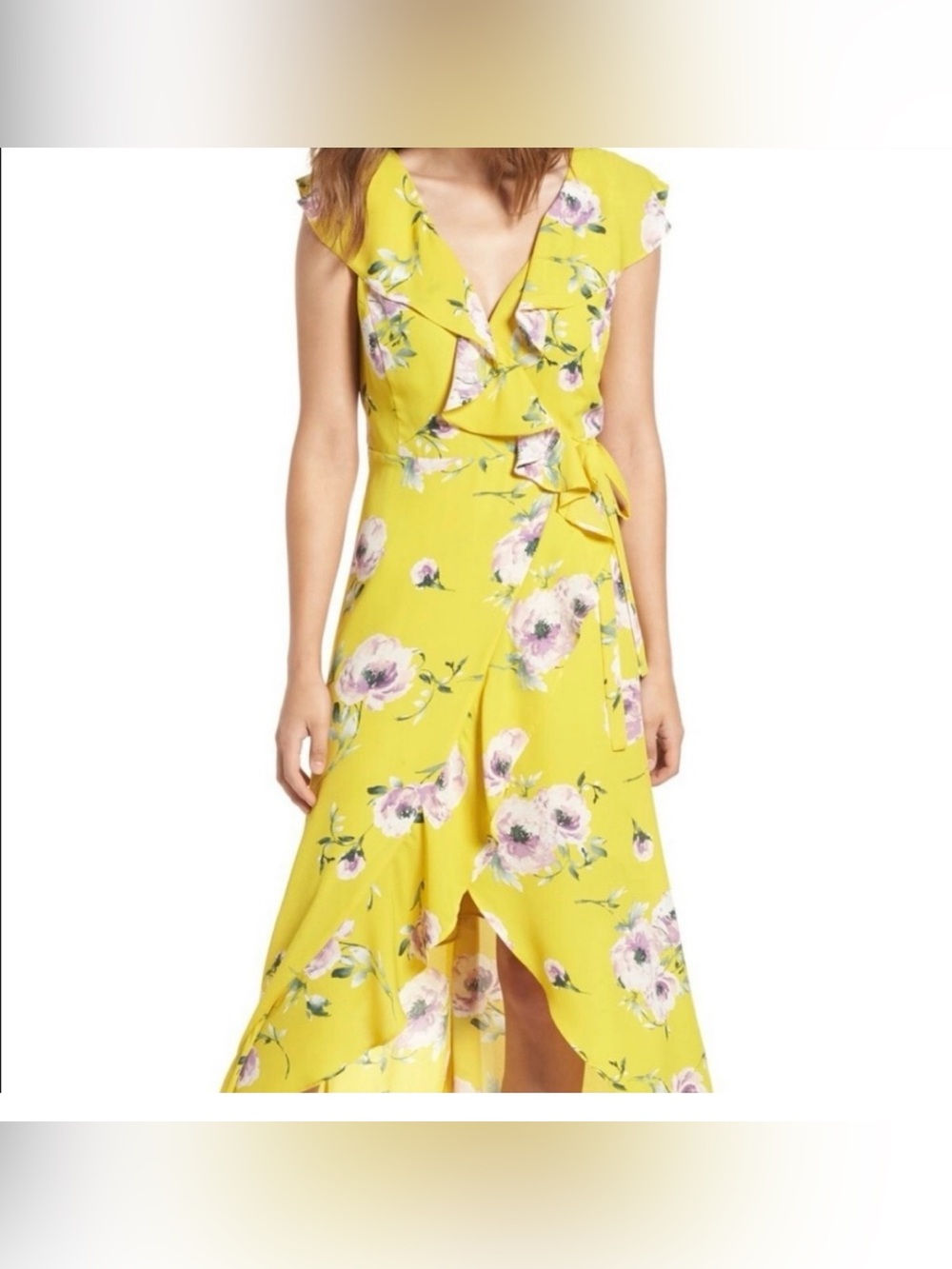 Leith Yellow Floral High-Low Wrap Dress